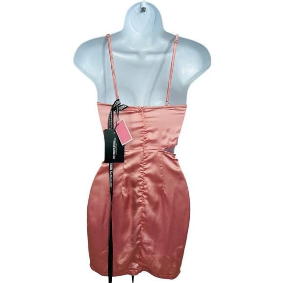 Pretty Little Thing Rose Satin Cut Out Side Bodycon Dress Sz 0 Light Pink New - Picture 8 of 9